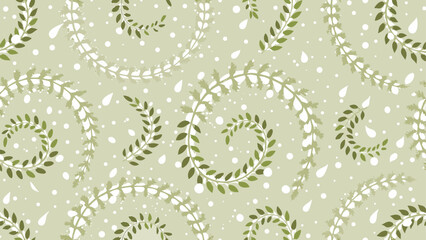 Pattern of swirling green leaf vines with white dots and teardrops on a light green background