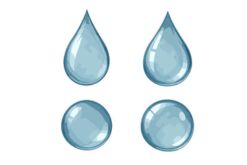 Realistic Water Drop Set. Transparent Liquid Droplets Collection. Glossy Blue Raindrop and Droplet Shapes. Vector Illustration. Isolated Water Elements for Design on Transparent Background