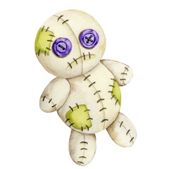 Beige voodoo doll with green patch and button eyes in watercolor illustration. Ideal for Halloween DIY kits, themed party decor, planner accessories, or dark craft projects