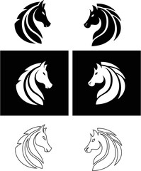 Fototapeta premium Horse head design bundle in outline, filled, and reversed styles. Perfect for horse farms, racing stables, and logo templates.