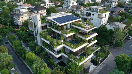 Beautiful photo of modern multi-tiered house with green rooftops and solar panels is surrounded by lush landscaping and neighboring homes in a well-planned residential area.