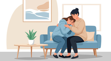 Comforting Support Embracing Empathy Two Women On Couch Illustration