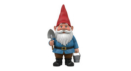 Garden gnome holding a shovel and bucket on black background