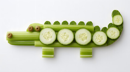 Minimal alligator figure made from celery and cucumber, fun food concept for nutrition and kids’ visuals