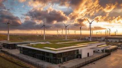 Beautiful photo of modern industrial facility with green rooftops, surrounded by multiple wind turbines under a partly cloudy sky at sunset.