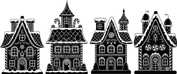 Four festive gingerbread houses silhouette