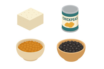 Isometric Set of Plant-Based Protein Food Icons. Tofu Block, Canned Chickpeas, Lentils Bowl, Black Beans. Vegan High Protein Vegetarian Superfoods. Vegan Protein Source Illustration