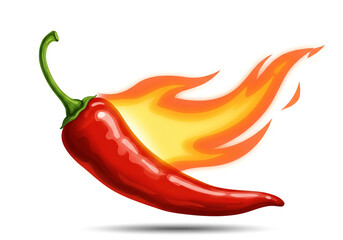 A vibrant illustration of a red chili pepper with flames on a white background art design