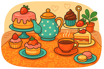 Afternoon tea scene with colorful polka dot teapot, assorted cakes, cupcakes, strawberry tartlets, macarons, and desserts on floral tablecloth in cozy cafe. Vector cartoon illustration.