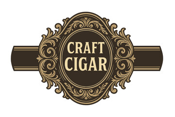 Vintage craft cigar band label vector illustration, ornate retro tobacco product packaging design, decorative gold filigree frame, luxury hand-rolled cigar branding, elegant classic style art