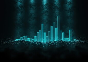 Abstract futuristic digital cityscape with glowing blue neon lights and particles on dark background