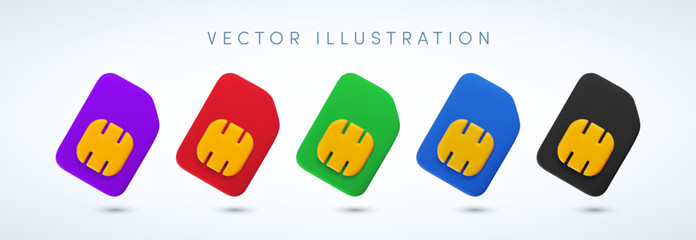 Vector cartoon 3d Sim card icon set. Minimal realistic 3d render of color blue, red, green mobile phone gsm SIM card with golden circuit chip. Communication technology illustration, gsm network eSIM.