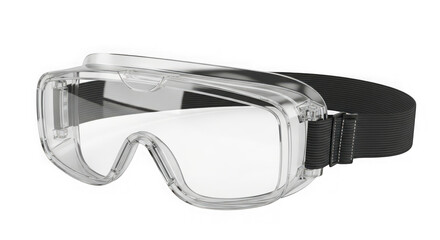 Clear protective goggles with adjustable strap on black background