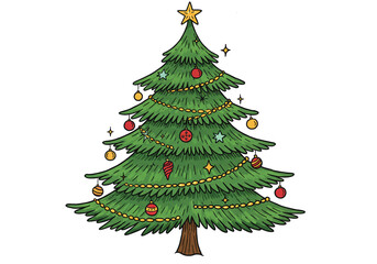 Fototapeta premium A cartoon christmas tree decorated with ornaments and a star on top against a white background