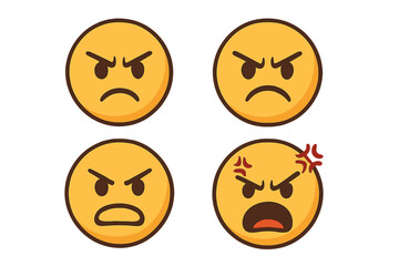 Fototapeta premium Angry Emoticons Collection, Cartoon Vector Faces Showing Expressions of Anger, Annoyance, Frustration, Rage, Aggression, Emotional Emoji Set, Digital Illustration, Isolated Transparent Background
