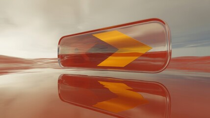Floating Arrow Button Symbol in a Surreal Landscape Reflection