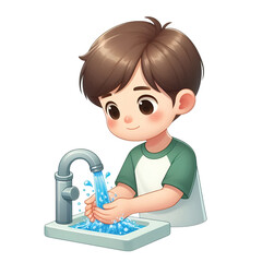 a boy is washing hand  isolated on white background