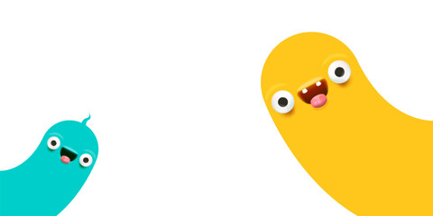 Two funny cartoon friends monsters isolated on white background. Simple cute smiling monster set. Curious monster face looking on you. Cartoon kids character collection