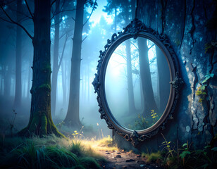 A mystical, oval mirror in a dark, enchanted forest, reflecting a beautiful fantasy scene or a different world.