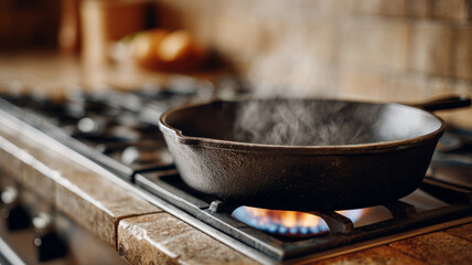 Steaming cast iron skillet on stove flame in cozy kitchen setting.