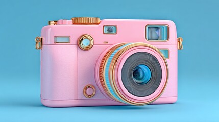 Pink camera with gold accents, isolated on a light blue background
