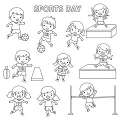 Happy Children Participating in a Fun Sports Day: Black and White Line Art Illustration