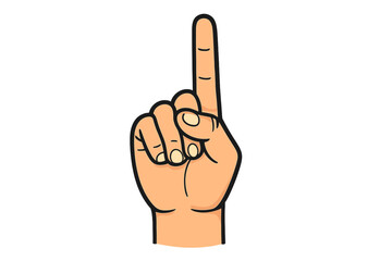 Hand gesture showing number one. Index finger pointing up signal. Human hand counting sign. Cartoon vector illustration isolated on white. Finger up concept. Victory sign. Communication gesture.