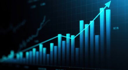 Abstract blue bar chart showing financial growth and upward trend with a rising arrow