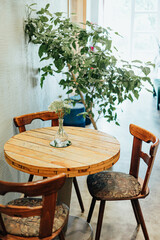Rustic Wooden Table with Flowers and Indoor Plant