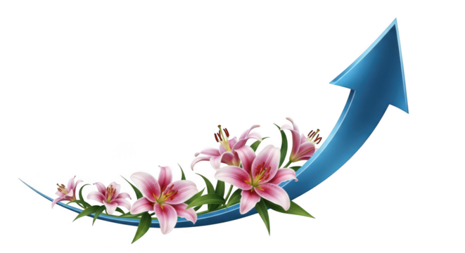 Blue arrow growth with pink lilies isolated on transparent background