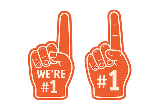 Foam finger sports fan vector illustration. Orange “We’re #1” and “#1” foam hands. Team spirit, sports celebration, fan merchandise, victory concept. Enthusiastic cheering, competition.