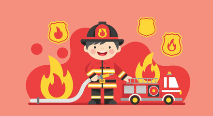 Naklejka premium Brave Firefighter Extinguishing Fire With Engine and Fire Hose Flat Illustration