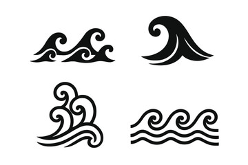 Japanese oriental wave icons set. Black vector wave symbols, stylized ocean and sea waves, Asian decorative elements, swirls, curls, maritime tattoo, Japanese ukiyo-e, transparent background