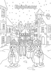 Obraz premium Three Wise Men, Epiphany Procession, Winter Village, Line Art, Coloring Page, Childrens Book Illustration, Festive, Religious, Cartoon Style