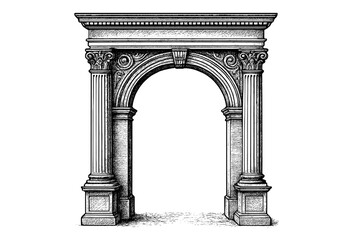 Fototapeta premium Classical Roman Archway Illustration, Engraved Antique Architectural Monument, Detailed Corinthian Columns, Vintage Stone Arch Drawing, Historic Landmark, Transparent Vector Artwork