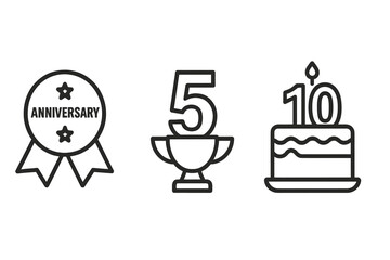Service anniversary linear icons set. Outline award badge with stars, number 5 trophy cup, number 10 birthday cake with candle. Years of service milestone celebration vector illustration isolated.