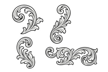 Ornate Baroque Scroll Design Elements Vector Set. Vintage Flourish Decorative Swirl Ornaments. Classic Rococo Acanthus Leaves for Frames, Borders, Invitations, Engraving, Tattoo, and Pattern