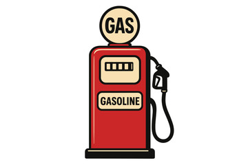 Fototapeta premium Vintage red gasoline pump vector illustration, retro gas station icon, fuel dispenser with nozzle, classic service station equipment isolated on transparent background, nostalgic automotive concept
