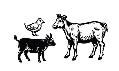 Fototapeta premium Farm Animals Woodcut Vector Set - Rustic Engraved Livestock Illustrations