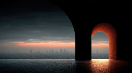 Dark arched entryway reveals cityscape at dawn