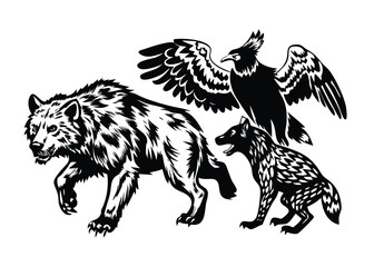 Obraz premium Wild Animals Woodcut Vector Set - Engraved Illustrations