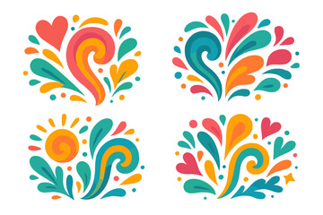 Obraz premium Colorful decorative swirl heart sun and abstract burst shapes. Festive cartoon vector elements for creativity, joy, celebration, holiday, love, kids party, happiness, summer, vibrant decor design