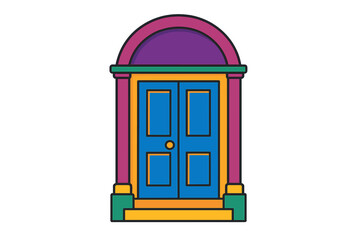 Vibrant front entrance doorway vector illustration, colorful double doors, arched architectural portal, geometric shapes, modern building exterior, isolated on transparent background