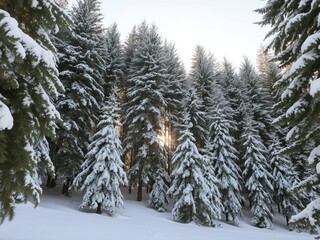 Snow covered pine trees in a dense forest with sunlight peeking through the branches
