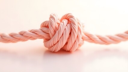 Closeup of a brown twisted rope with a tied knot, symbolizing strength and connection on a white isolated background