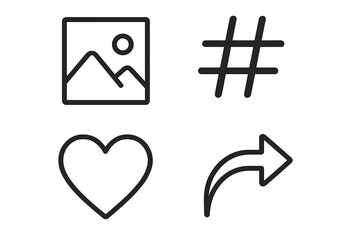Fototapeta premium Social media outline icon set, social network marketing elements, vector line symbols of photo image, hashtag, heart like, share arrow, minimal communication and promotion signs