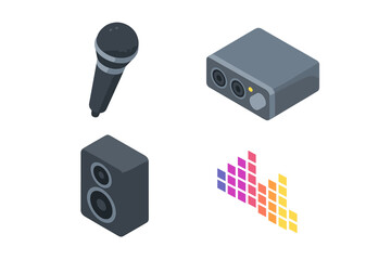 Isometric Music Production Equipment Icons Set. Microphone, Audio Interface, Studio Speaker, Colorful Sound Wave. Vector Digital Art for Recording, Podcasting, DJ, Broadcasting, Sound Engineering