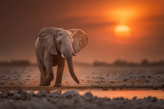 African elephant at sunset, waterhole