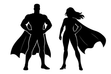 Superhero couple silhouette, man and woman standing strong, heroic duo with capes, teamwork, power, unity, comic heroes, bold pose, black vector on white background, leadership, empowerment