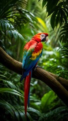 Obraz premium Colorful Scarlet Macaw Perched on Branch in Lush Rainforest Environment Bird Photography